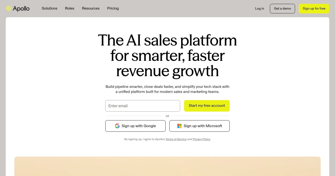 Apollo.io homepage — AI sales platform for pipeline building and revenue growth