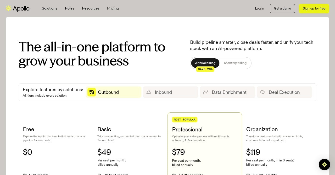 Apollo.io pricing plans overview — Free, Basic, Professional, and Organization