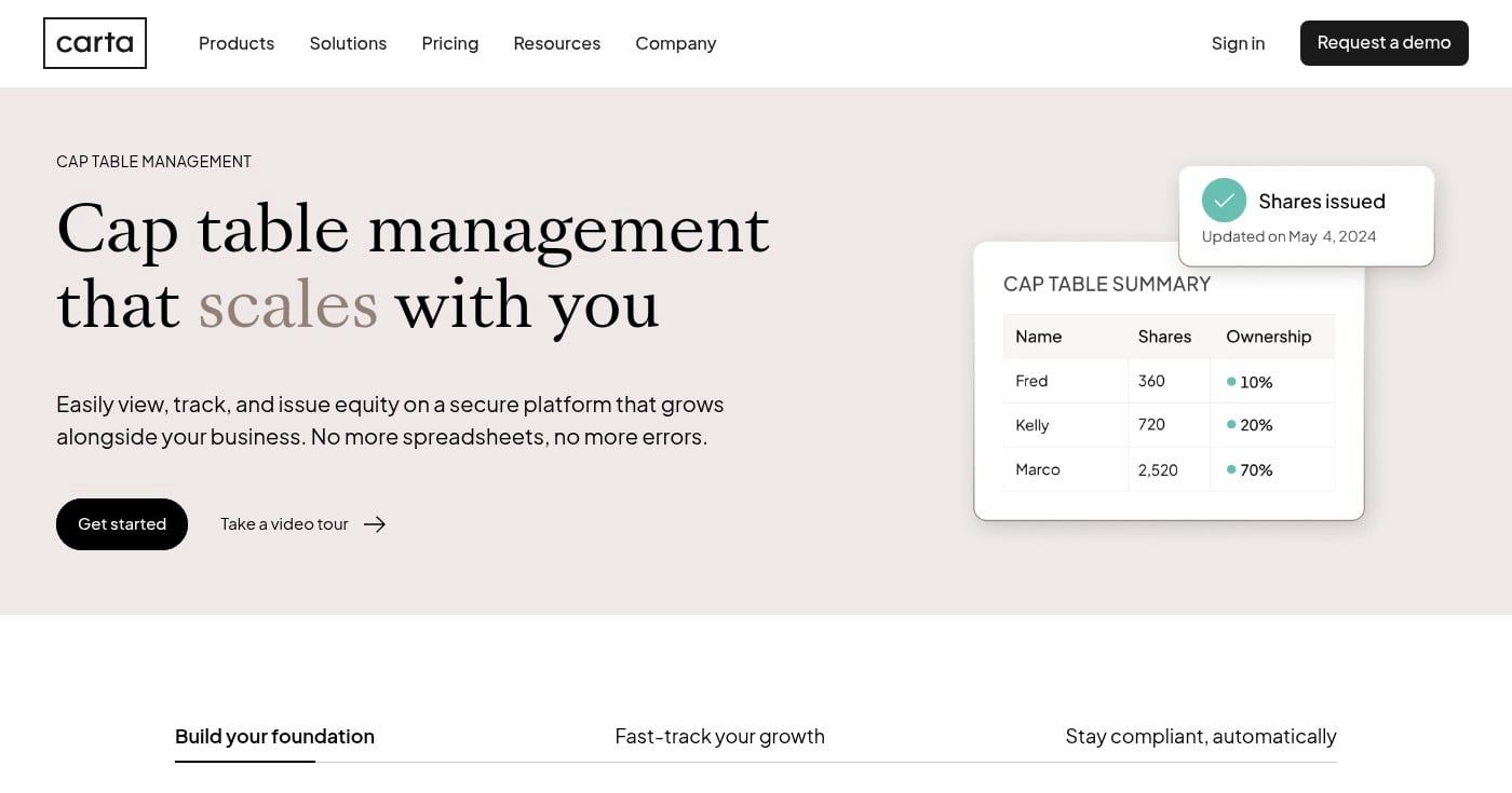 Carta cap table management platform