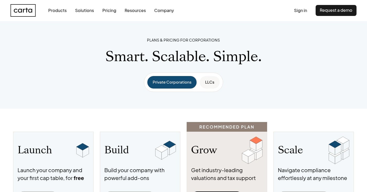 Carta pricing plans page