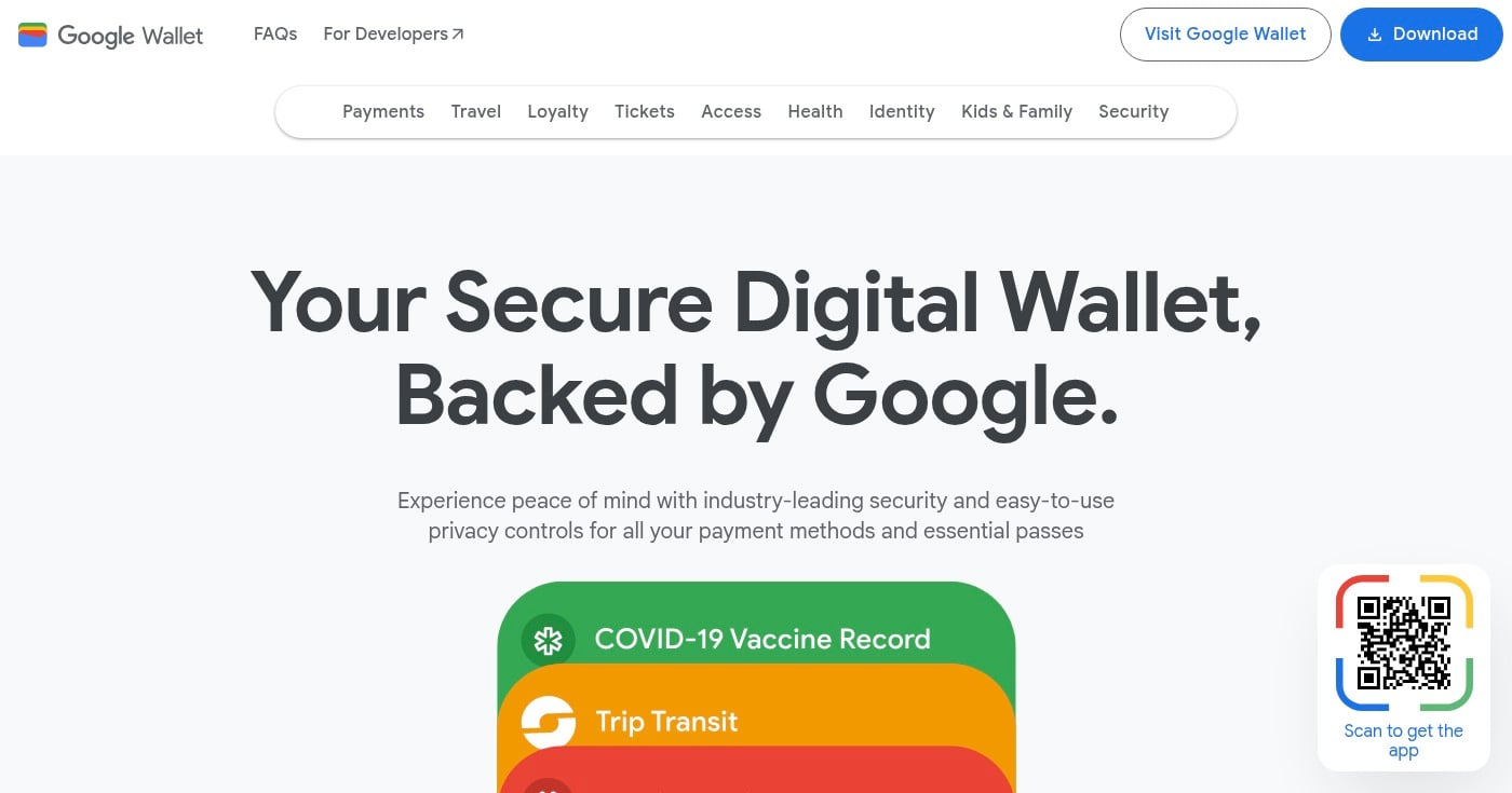 Google Wallet app interface homepage