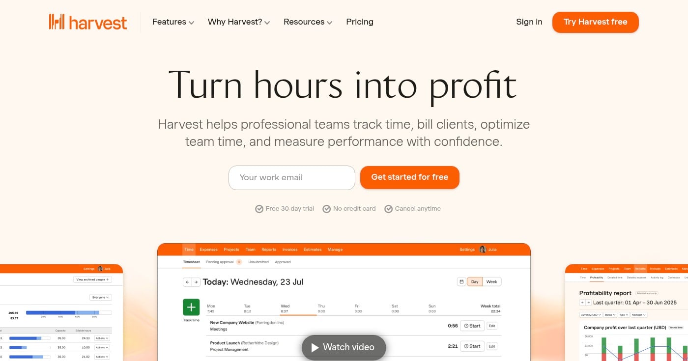 Harvest time tracking and invoicing homepage