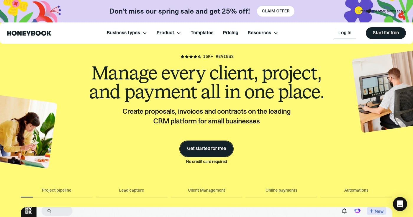 HoneyBook client management and invoicing homepage