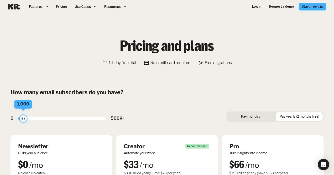 Kit ConvertKit pricing plans page