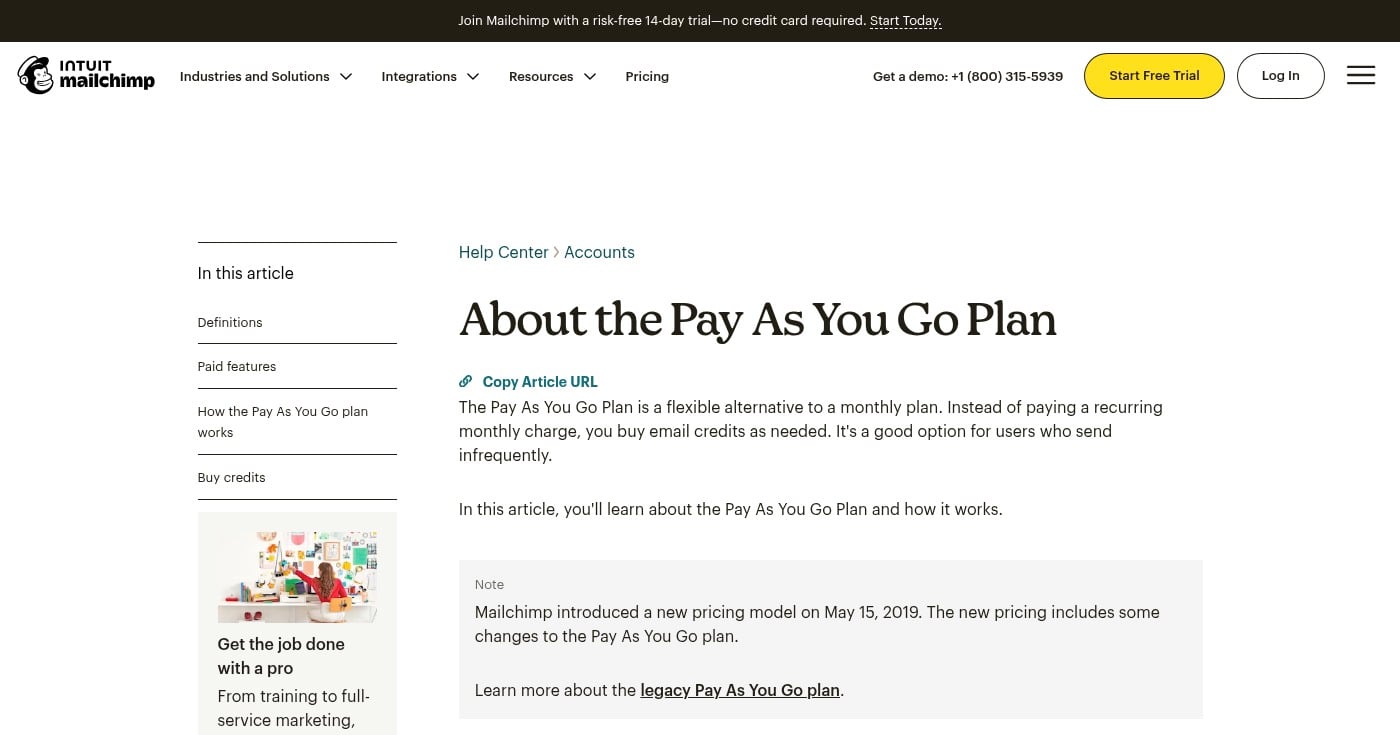 Mailchimp pay-as-you-go pricing credits page