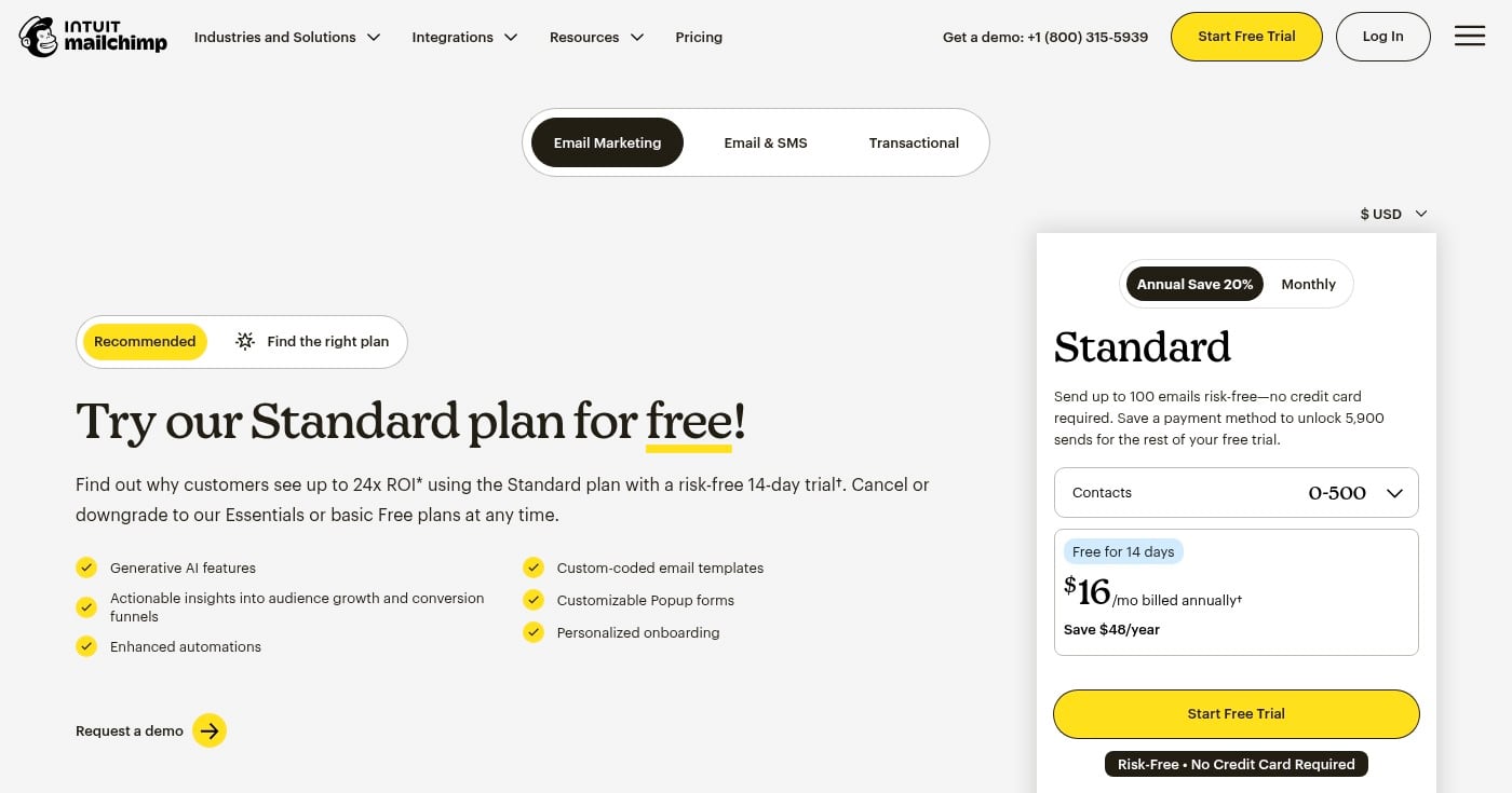Mailchimp pricing plans overview page