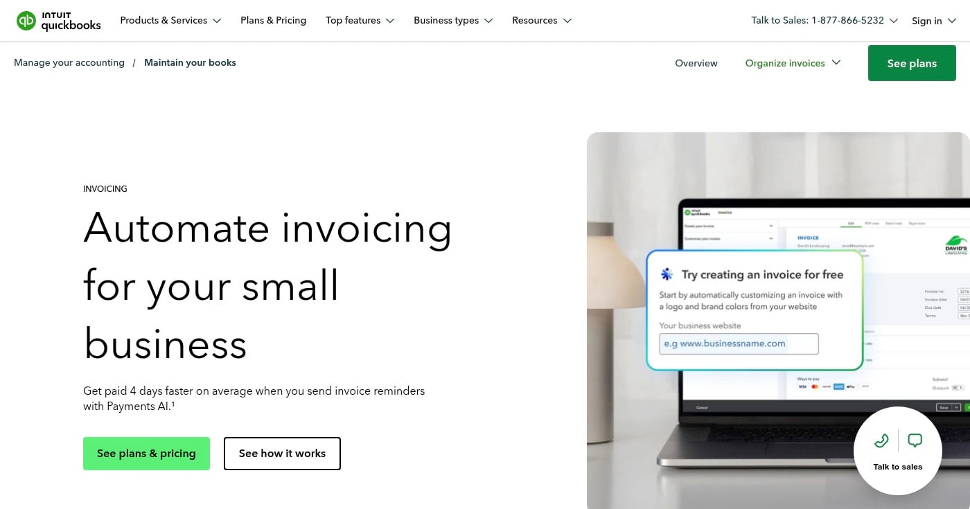 QuickBooks Online invoicing homepage