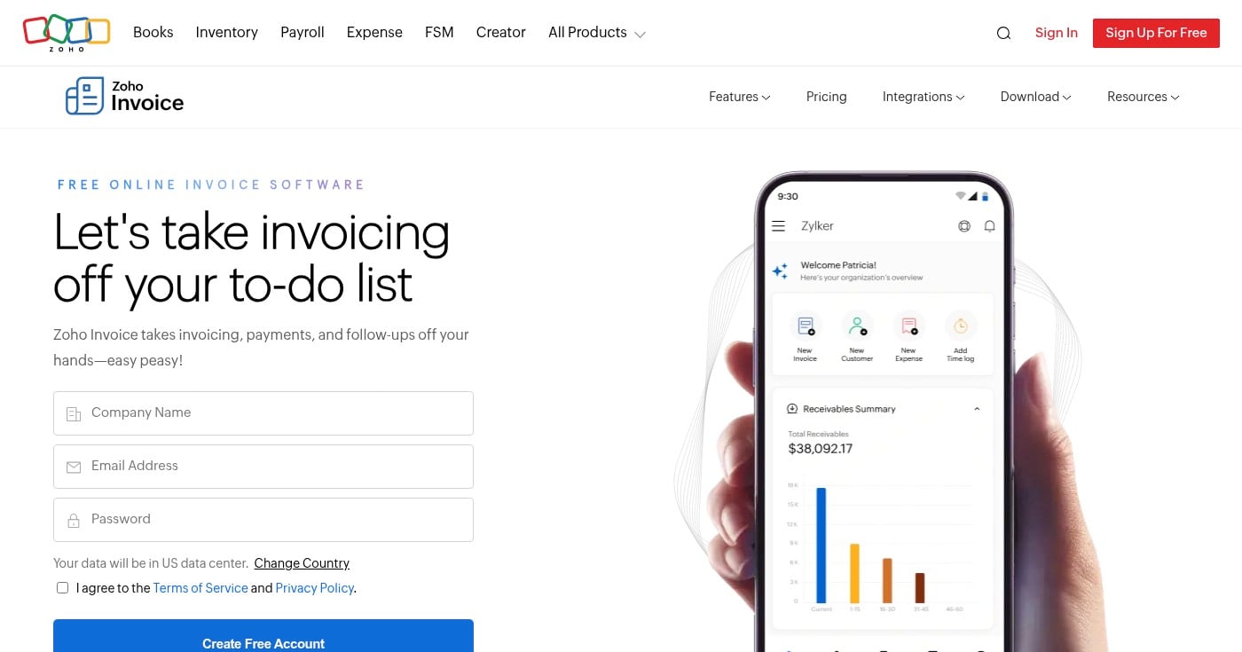 Zoho Invoice homepage