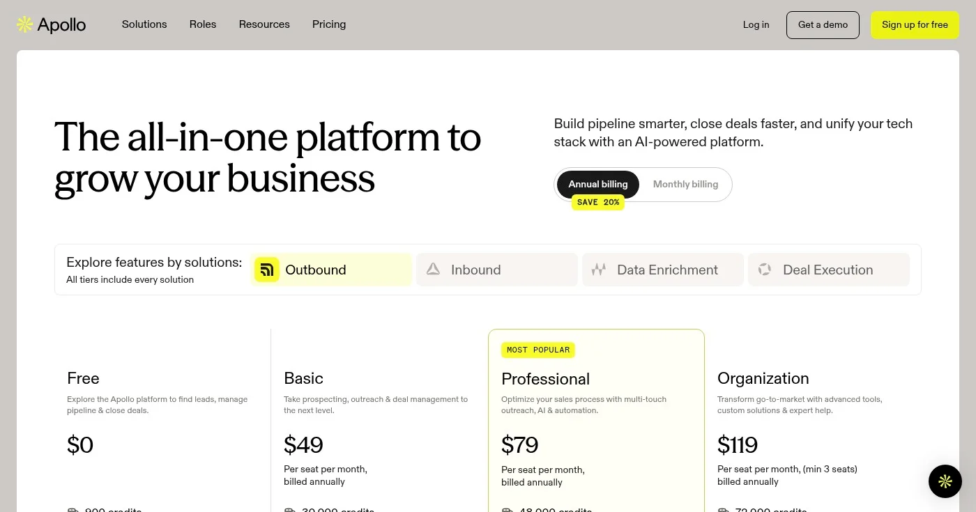 Apollo.io pricing plans overview — Free, Basic, Professional, and Organization