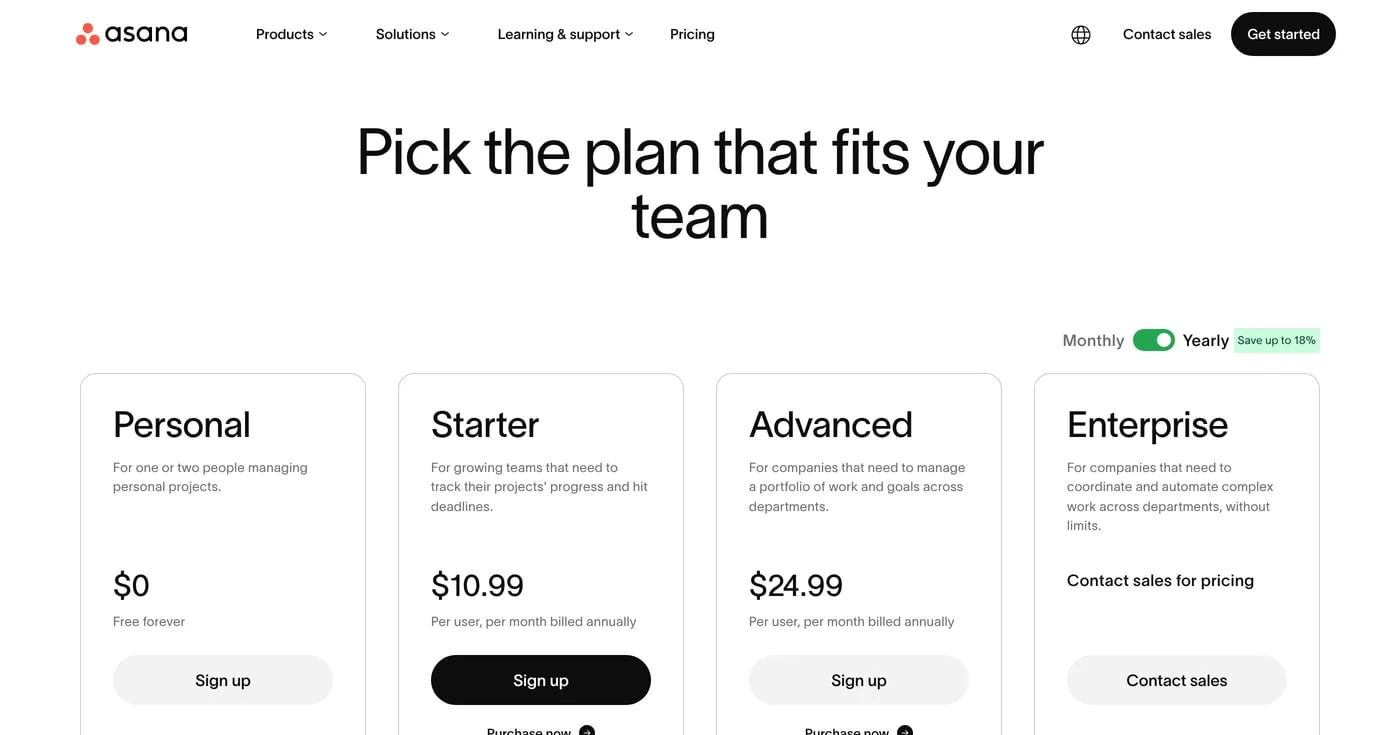 Asana pricing page showing Personal, Starter, Advanced, and Enterprise plans