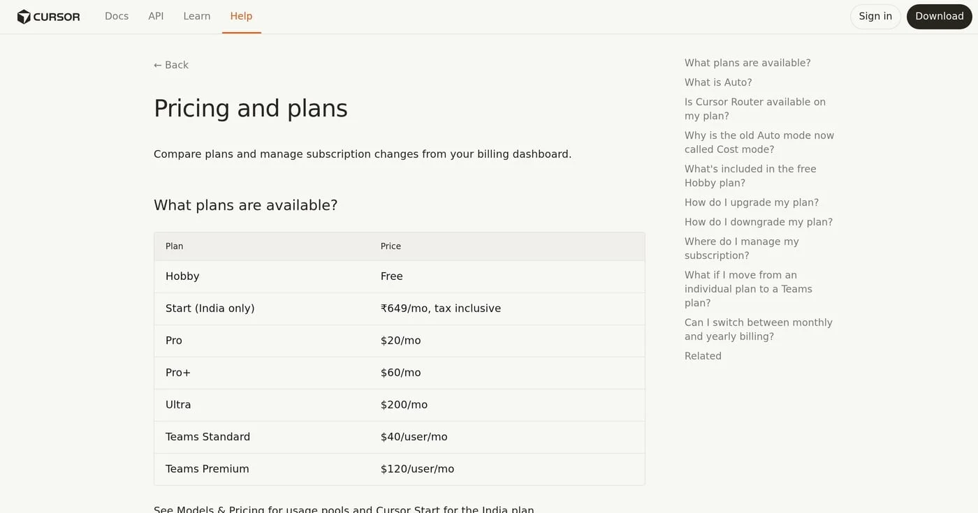 Cursor help Pricing and plans table with Hobby, Start India, Pro, Pro+, Ultra, and Teams prices