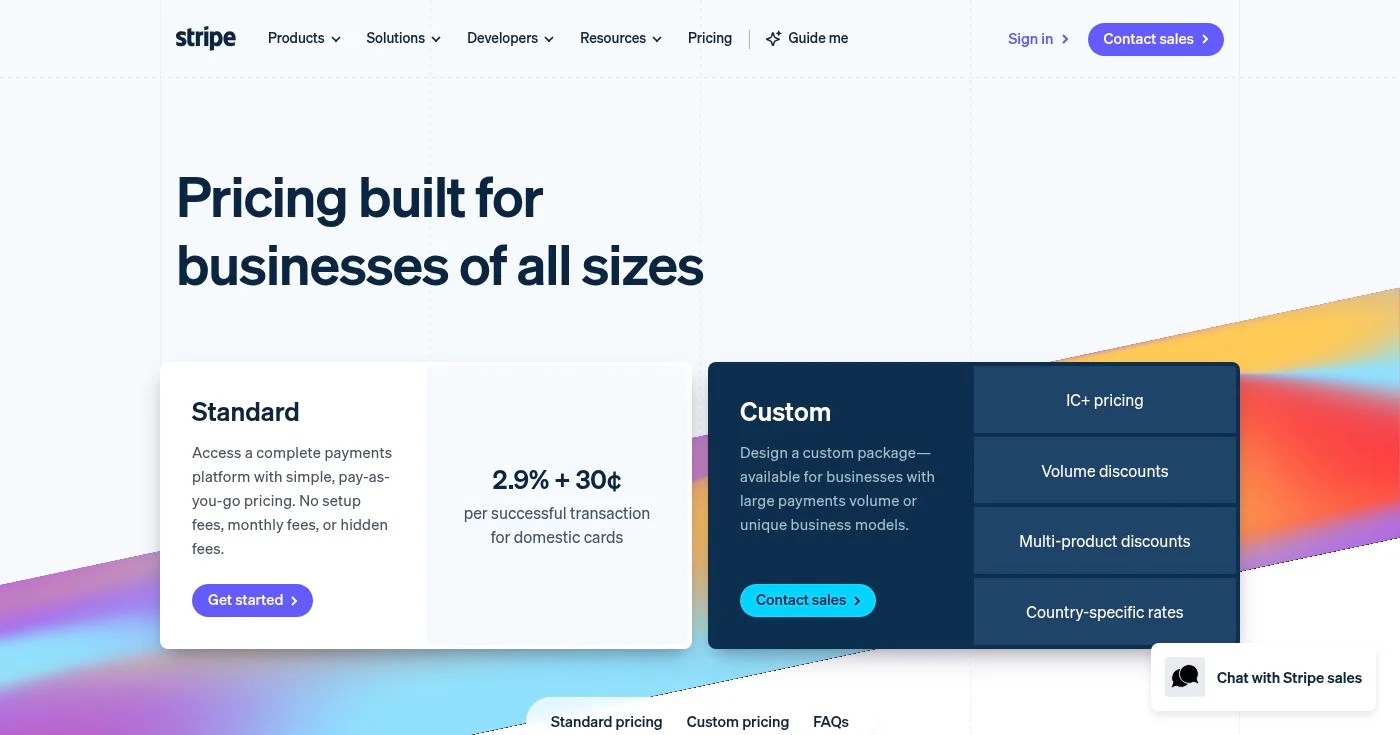Stripe pricing breakdown page