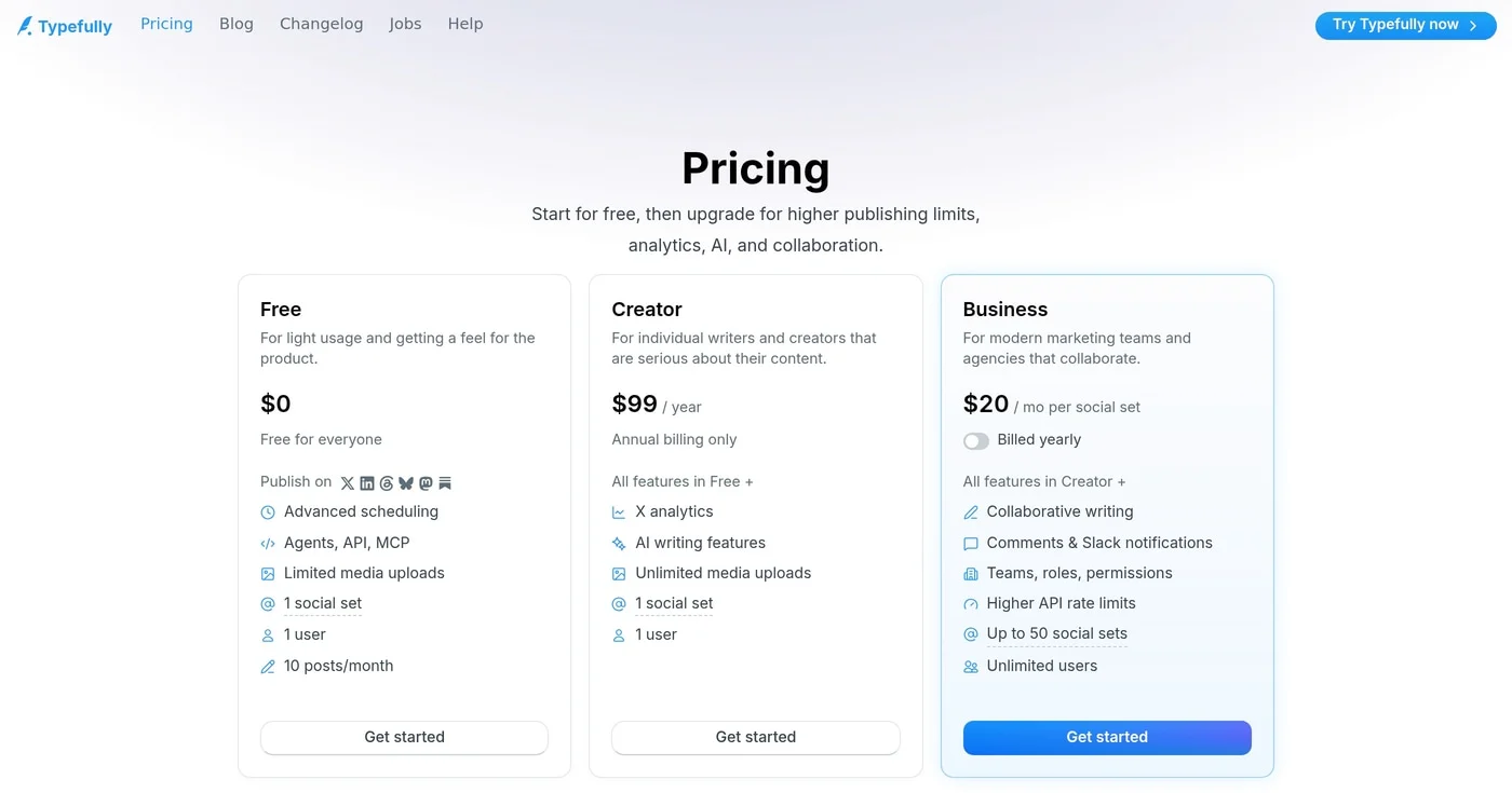 Typefully pricing page with monthly billing on, Business at $20 per social set