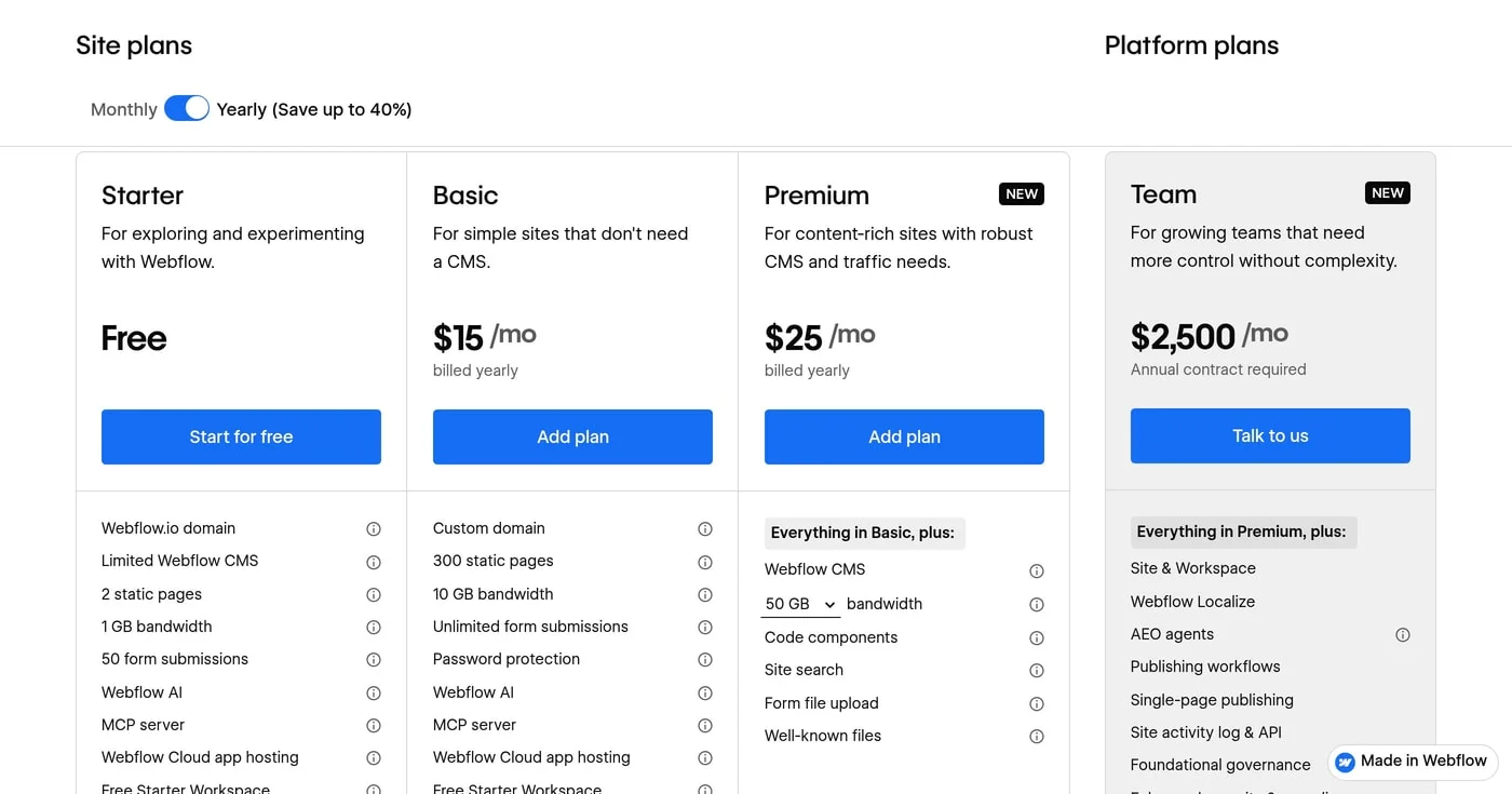 Webflow pricing page site plan cards with yearly prices