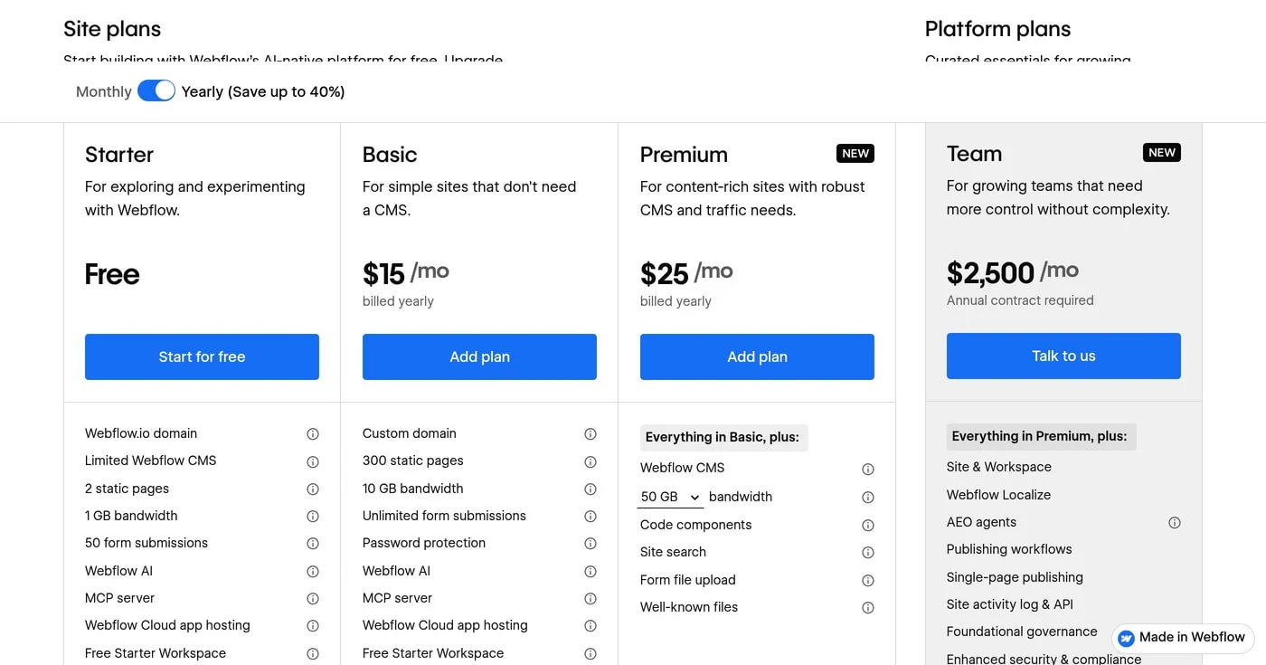 Webflow site plan cards showing Starter free, Basic 15 per month billed yearly, Premium 25 per month billed yearly, and Team 2500 per month