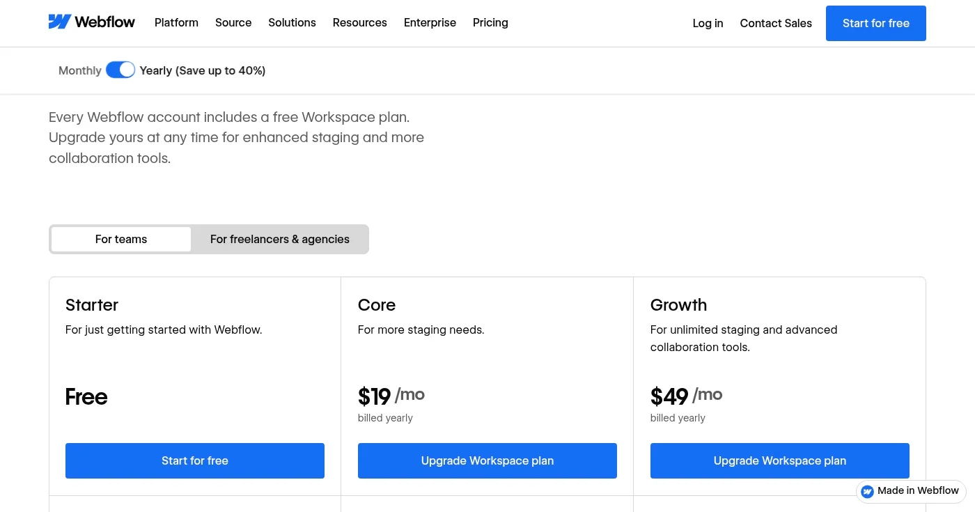 Webflow workspace plan cards showing Starter free, Core 19 per month billed yearly, and Growth 49 per month billed yearly